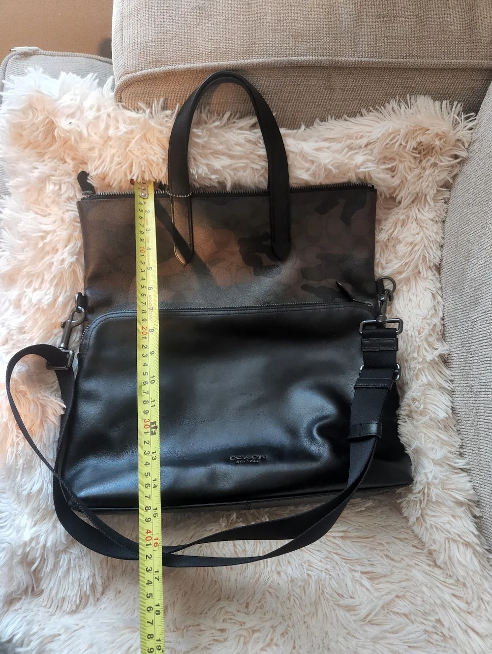 Coach Black Leather Laptop Tote with Dark Camo Panel
